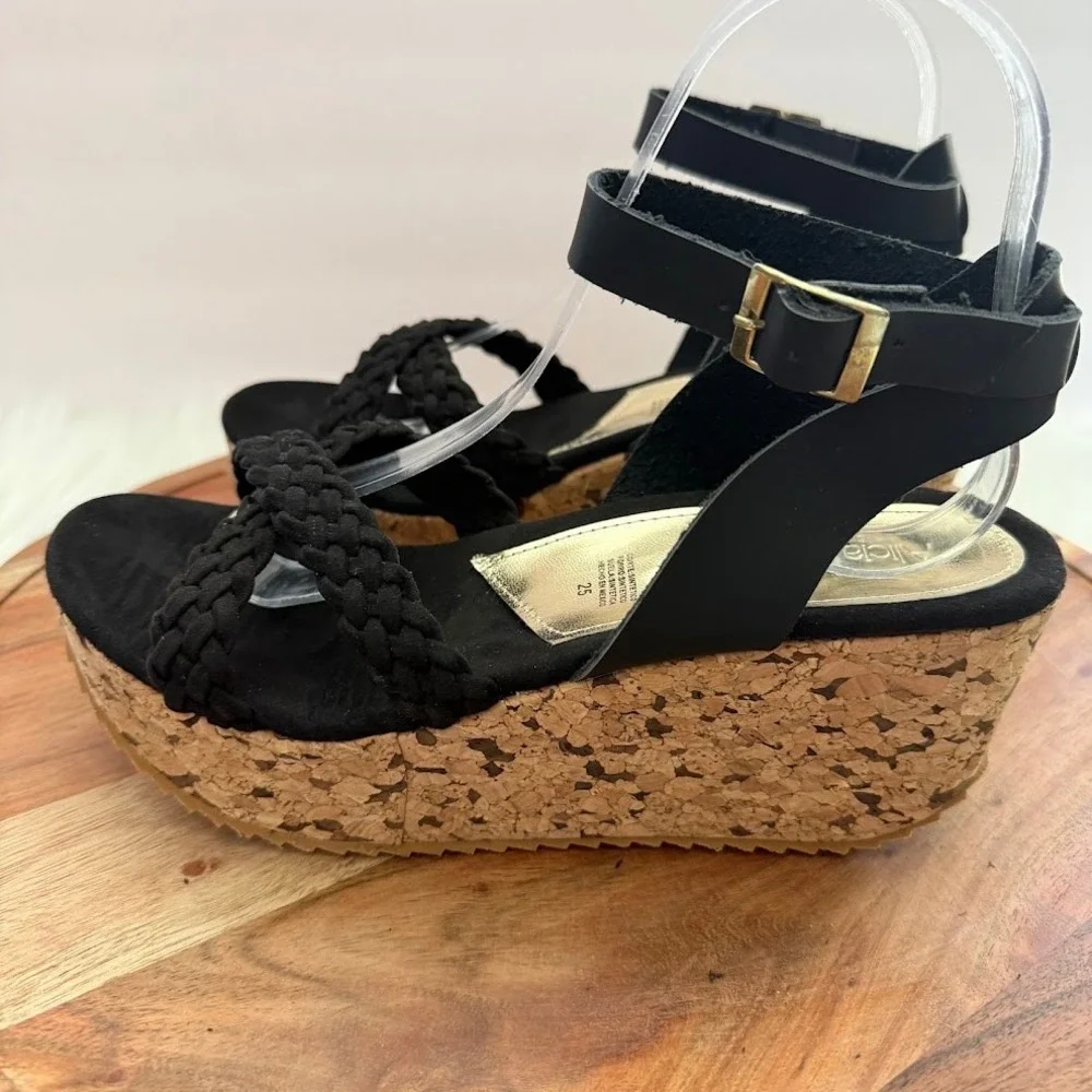 Alicia Leon Womens Black Braided Cork Size 8 Platform Wedge Sandals LIGHT WEIGHT